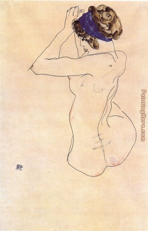 Nude with a blue headband painting - Egon Schiele Nude with a blue headband art painting